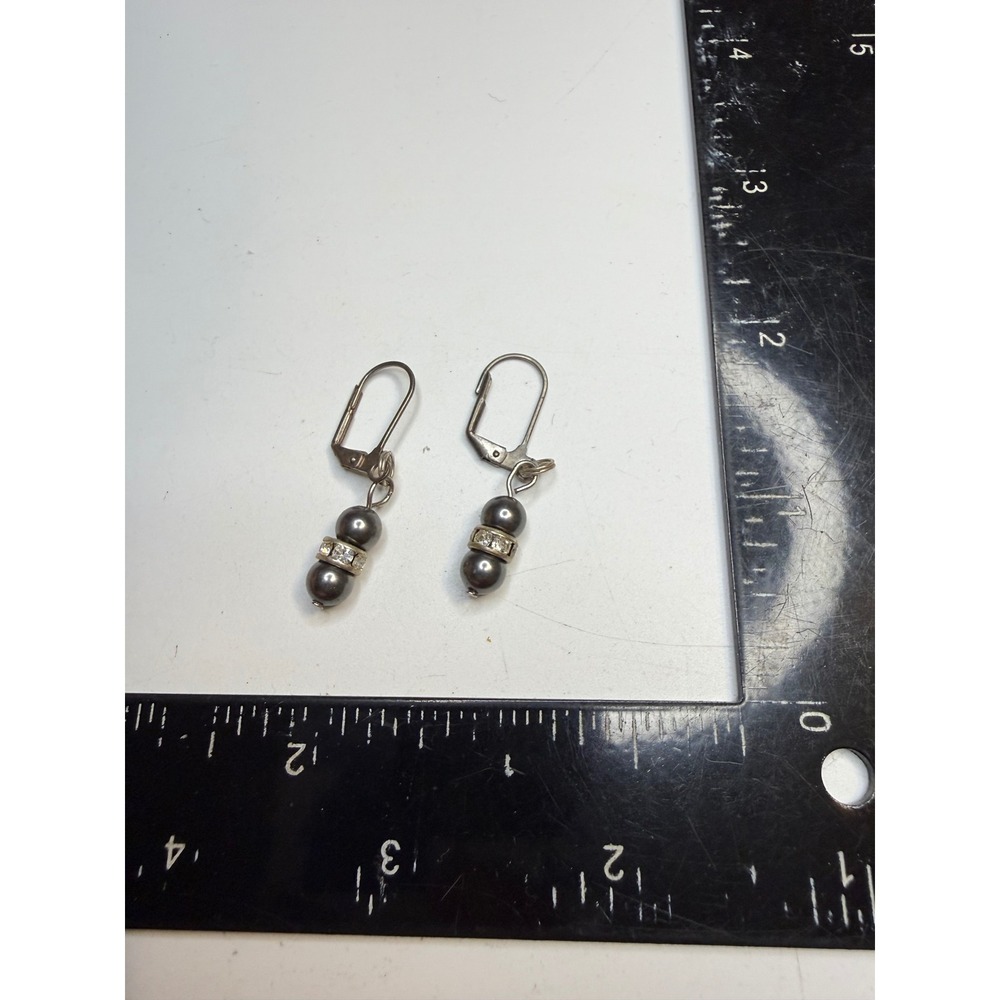 Silver Tone Grey Faux Pearl Rhinestone Rondelle Leverback Drop Earrings